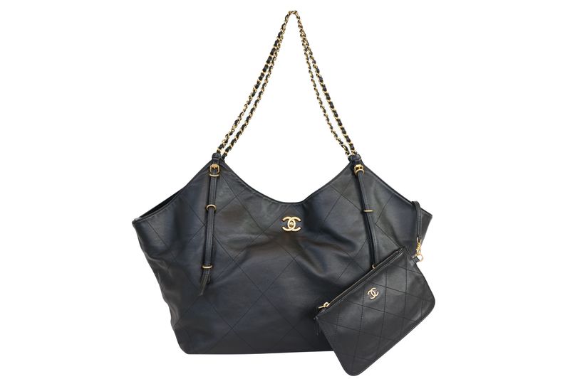 Chanel Shopping Tote Bag, Black Leather and Gold Hardware, Preowned in Dustbag WA001 Chanel Shopping Tote Bag, Black Leather and Gold Hardware, Preowned in Dustbag WA001
