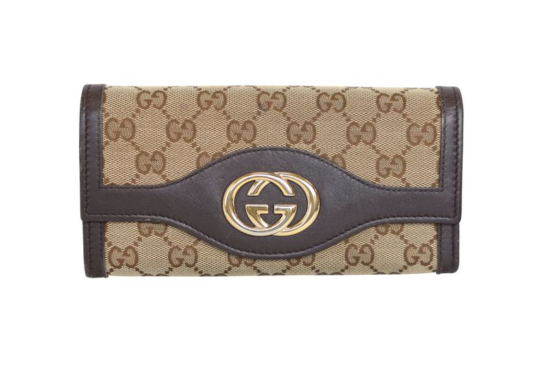 Gucci GG Long Wallet, Beige and Ebony Canvas with Brown Leather and Gold Hardware, Preowned in Dustbag WA001