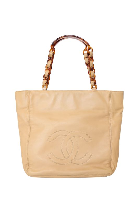 Chanel Vintage CC Shopping Tote Bag, Beige Lambskin with Resin Tortoiseshell, Preowned No Dustbag WA001