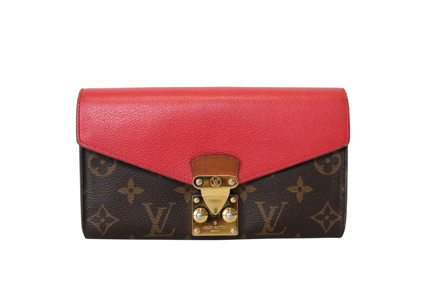 Louis Vuitton Pallas Wallet, Brown Monogram Canvas and Red Leather with Gold Hardware, Preowned in Box WA001