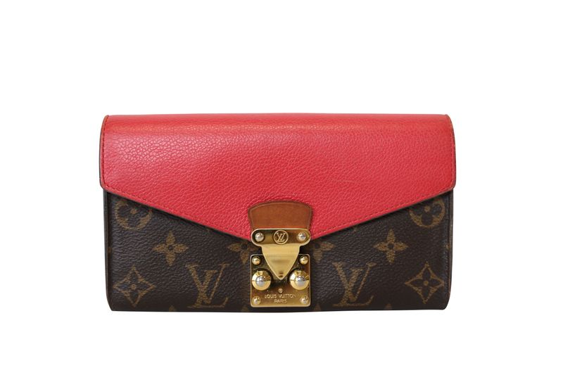 Louis Vuitton Pallas Wallet, Brown Monogram Canvas and Red Leather with Gold Hardware, Preowned in Box WA001