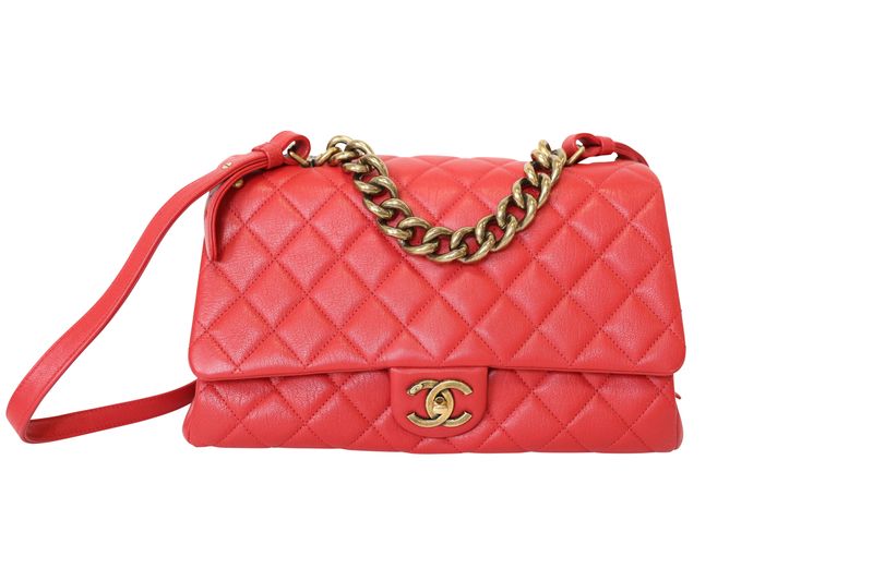 Chanel Paris-Rome Trapezio Large Bag, Red Quilted Calfskin and Bronze-Gold Hardware, Preowned in Dustbag WA001 Chanel Paris-Rome Trapezio Large Bag, Red Quilted Calfskin and Bronze-Gold Hardware, Preowned in Dustbag WA001