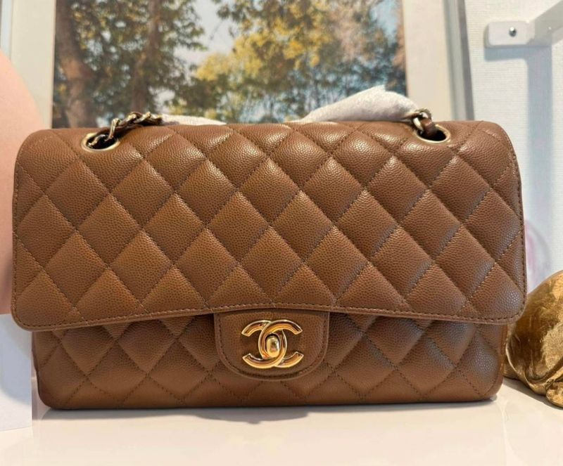 Chanel Classic Flap, Medium, Dark Beige, Gold Hardwaee, Preowned in Box CC001