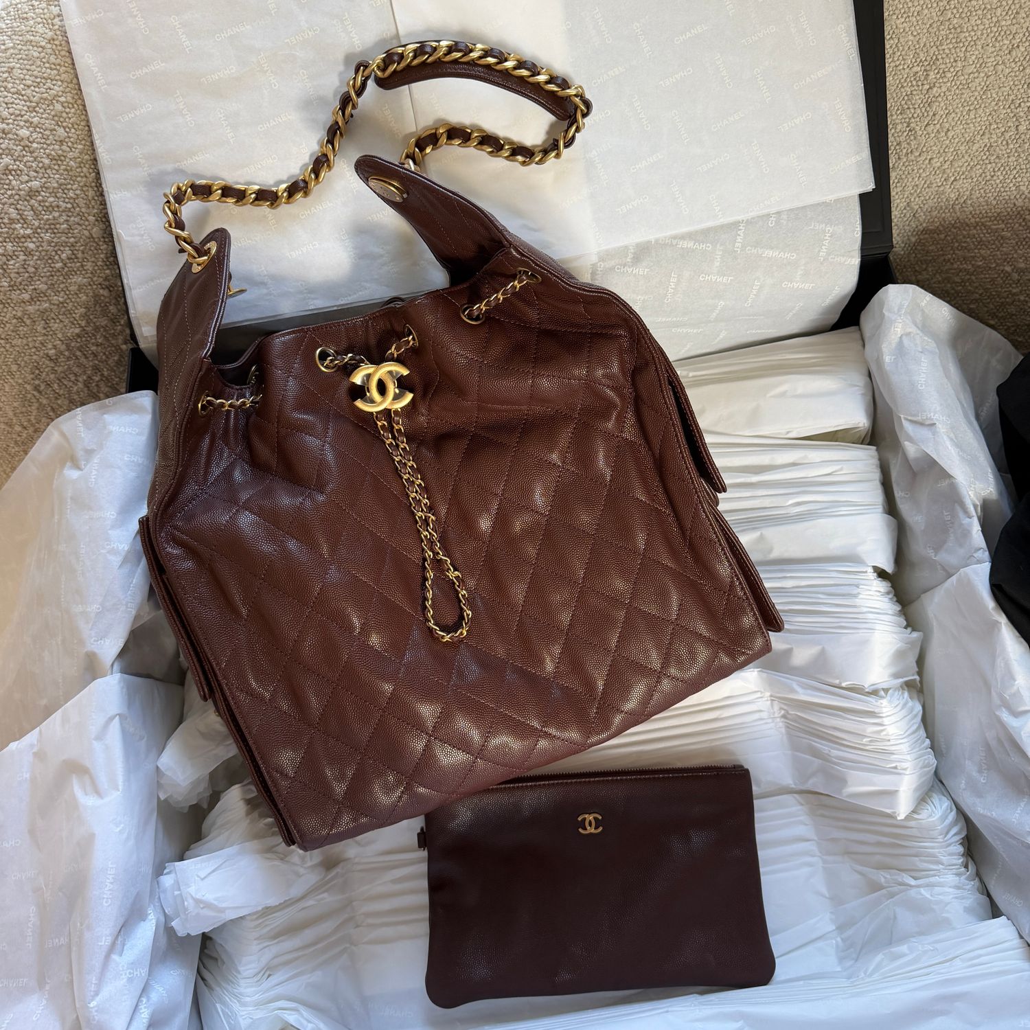 Chanel 25, Medium, Dark Brown Caviar Leather, Aged Gold Hardware, Like New in Box MA001