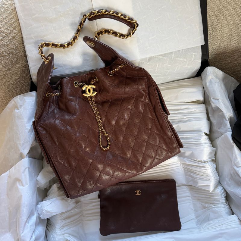 Chanel 25, Medium, Dark Brown Caviar Leather, Aged Gold Hardware, Like New in Box MA001