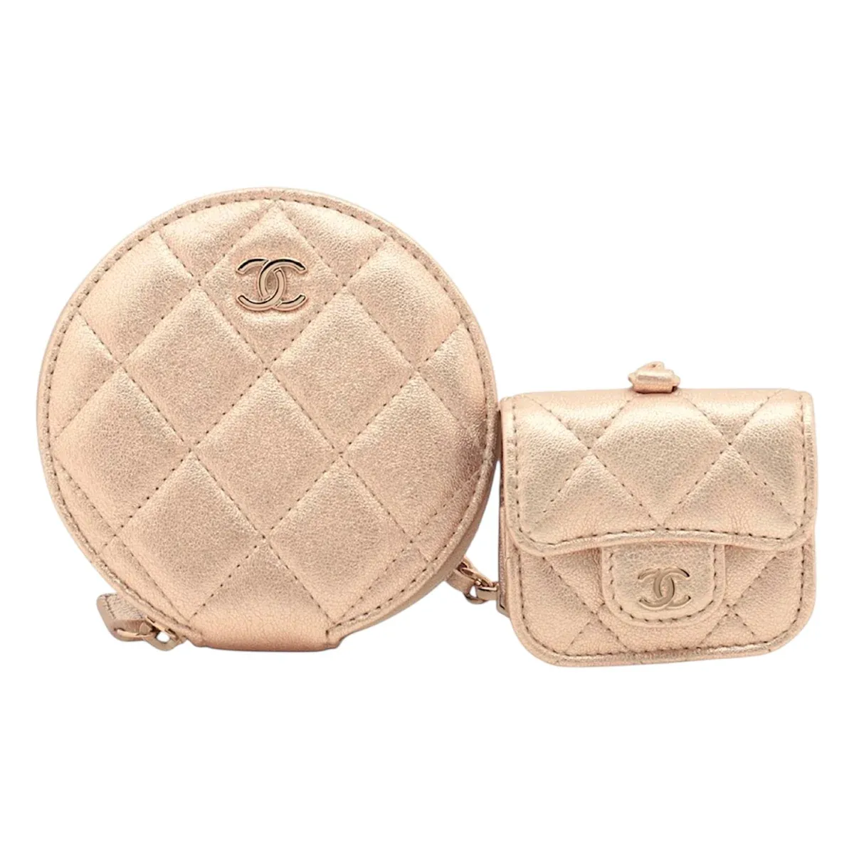Chanel Gold CC Quilted Metallic Lambskin Coin Pouch &amp; AirPods Case LND001