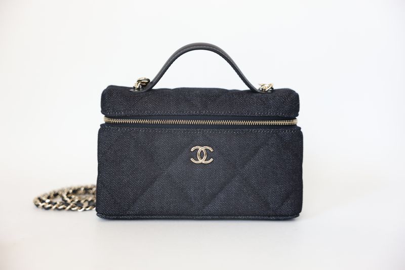Chanel Top Handle Vanity Bag, Dark Blue Denim with Gold Hardware, New in Box WA001 Chanel Top Handle Vanity Bag, Dark Blue Denim with Gold Hardware, New in Box WA001
