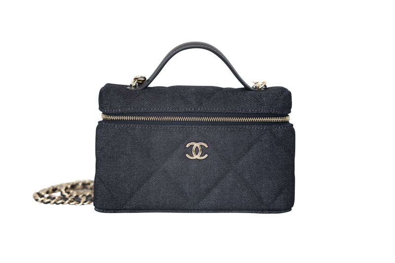 Chanel Top Handle Vanity Bag, Dark Blue Denim with Gold Hardware, New in Box WA001 Chanel Top Handle Vanity Bag, Dark Blue Denim with Gold Hardware, New in Box WA001