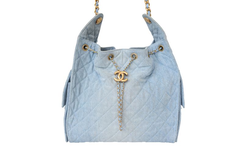 Chanel 25 Medium, Blue Denim with Gold Hardware, Preowned in Box WA001