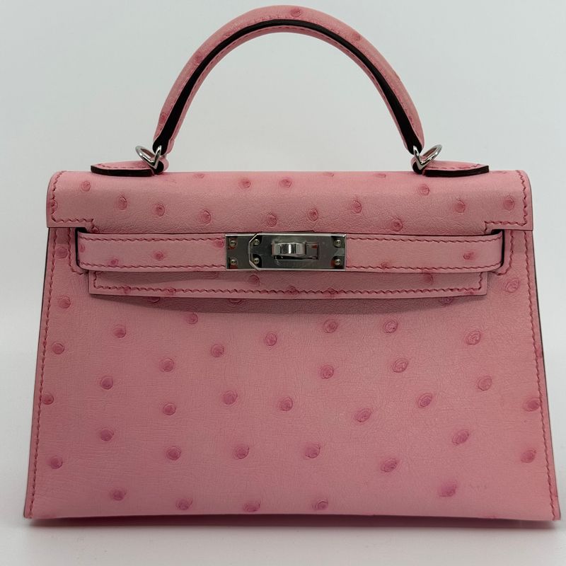 Hermes Mini Kelly, Ostrich Bubblegum  with Palladium Hardware, New in Box KJRB001