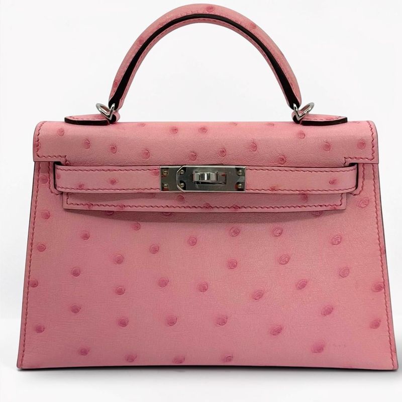 Hermes Mini Kelly, Ostrich Bubblegum  with Palladium Hardware, New in Box KJRB001