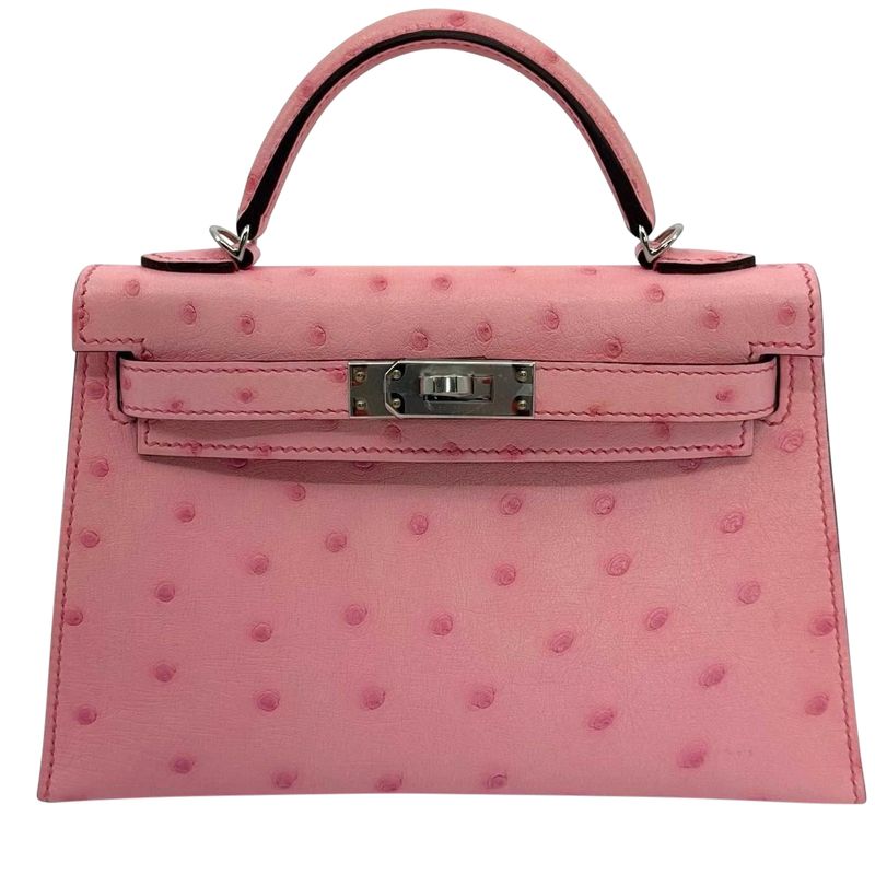 Hermes Mini Kelly, Ostrich Bubblegum  with Palladium Hardware, New in Box KJRB001