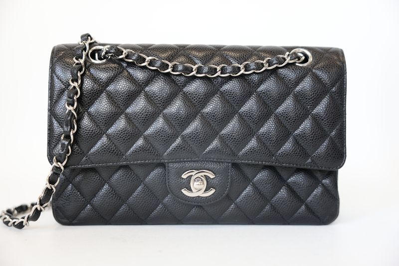 Chanel Classic Medium Bag, Black Caviar with Silver Hardware, Preowned in Dustbag WA001 Chanel Classic Medium Bag, Black Caviar with Silver Hardware, Preowned in Dustbag WA001