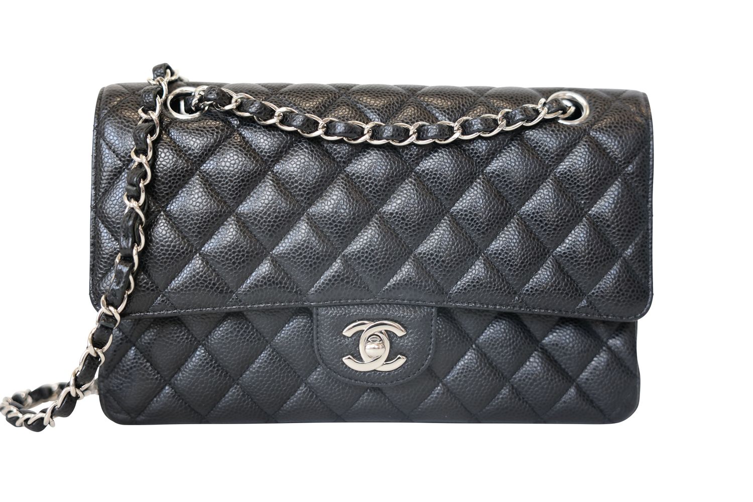 Chanel Classic Medium Bag, Black Caviar with Silver Hardware, Preowned in Dustbag WA001