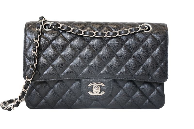Chanel Classic Medium Bag, Black Caviar with Silver Hardware, Preowned in Dustbag WA001