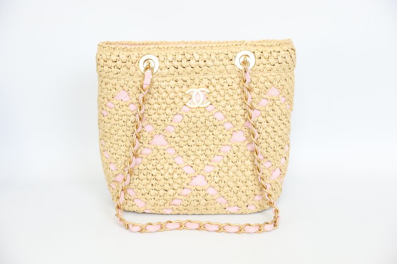 Chanel 26C Straw Woven Tote, Natural Raffia and Pink Ribbon, New in Box WA001