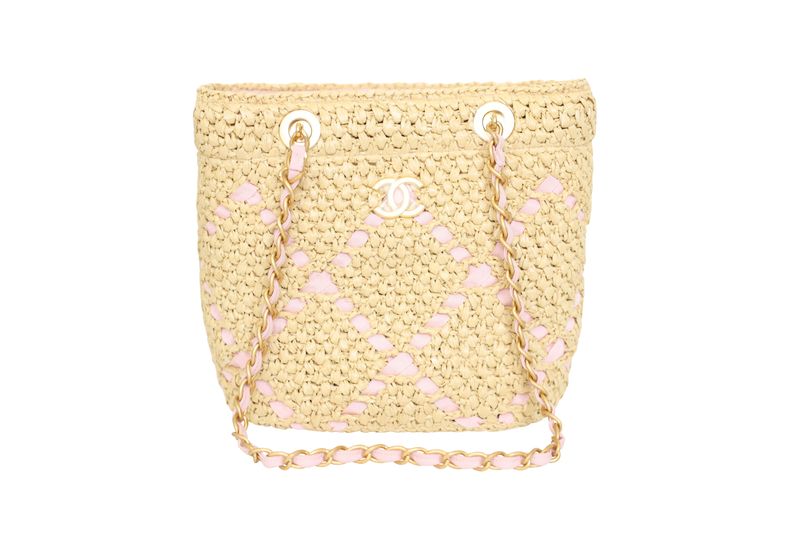 Chanel 26C Straw Woven Tote, Natural Raffia and Pink Ribbon, New in Box WA001