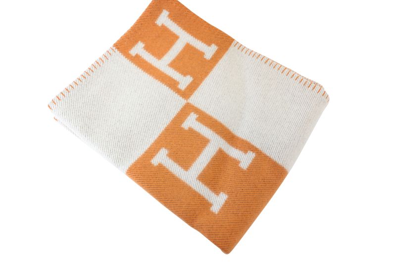 Hermes Avalon Throw Blanket, Orange and Ecru Merino with Cashmere, Brand New, Pre-order, KJRB008