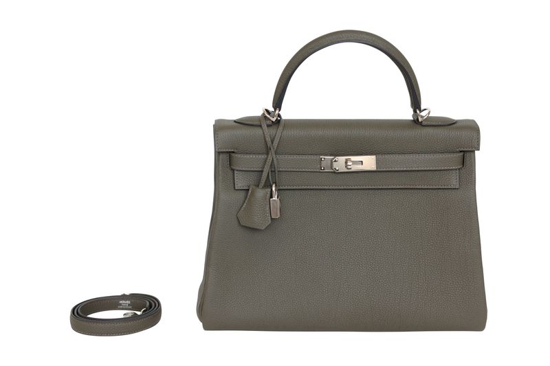 Hermes Kelly 32 Handbag, Gray Green Vert de Gris Togo Leather and Palladium Hardware, U 2022 Stamp, New in Box WA001
