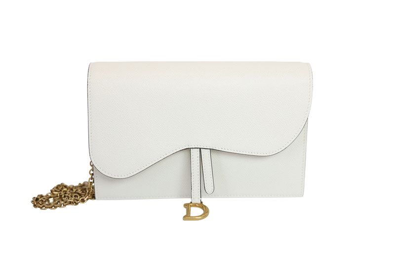 Christian Dior Saddle Wallet on Chain Bag, White Leather and Gold Hardware, New in Box WA001