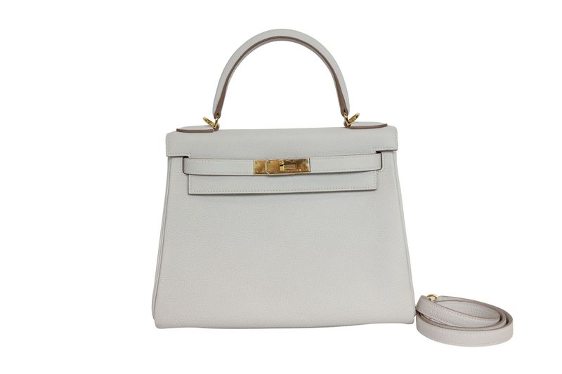 Hermes Kelly Retourne 28 Handbag, Gray Gris Pale Clemence  and Gold Hardware, B 2023 Stamp, Preowned in Box WA001