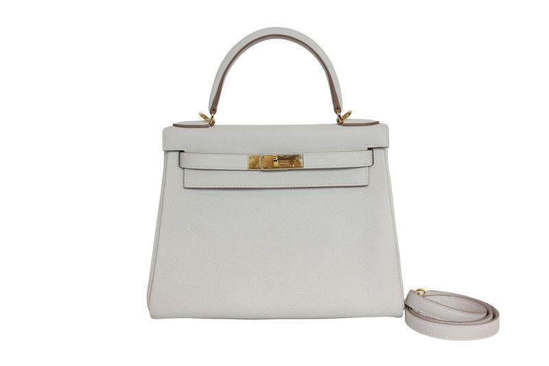 Hermes Kelly Retourne 28 Handbag, Gray Gris Pale Clemence  and Gold Hardware, B 2023 Stamp, Preowned in Box WA001
