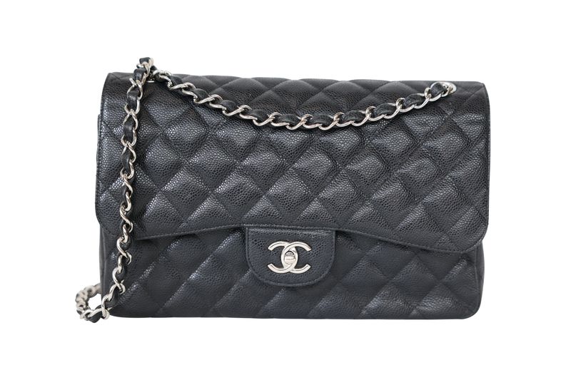 Chanel Classic Jumbo Bag, Black Quilted Caviar Leather and Silver Hardware, Preowned in Dustbag WA001