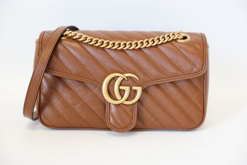 Gucci GG Marmont Small Bag, Tan Brown Quilted Leather and Gold Hardware, Preowned in Dustbag WA001 Gucci GG Marmont Small Bag, Tan Brown Quilted Leather and Gold Hardware, Preowned in Dustbag WA001