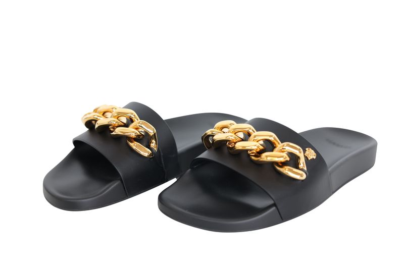 Versace Shoes Chain Medusa Slides, Black Leather and Gold Hardware, Size 37, Preowned in Dustbag WA001