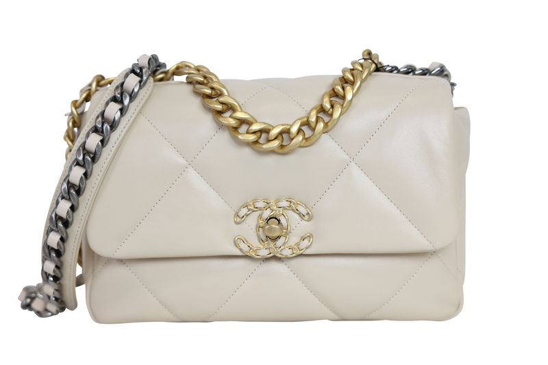 Chanel 19 20B Medium Bag, Light Beige Quilted Goatskin Leather and Mixed Hardware, New in Box WA001