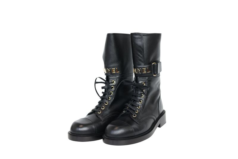 Chanel Shoes 22A Lace Up Combat Boots, Black Lambskin and Calfskin Leather, Size 37.5, New in Box WA001