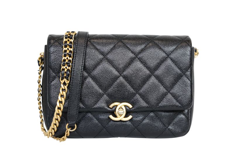 Chanel 22P Melody Flap Small Bag, Black Quilted Caviar and Gold Hardware, Preowned in Box WA001