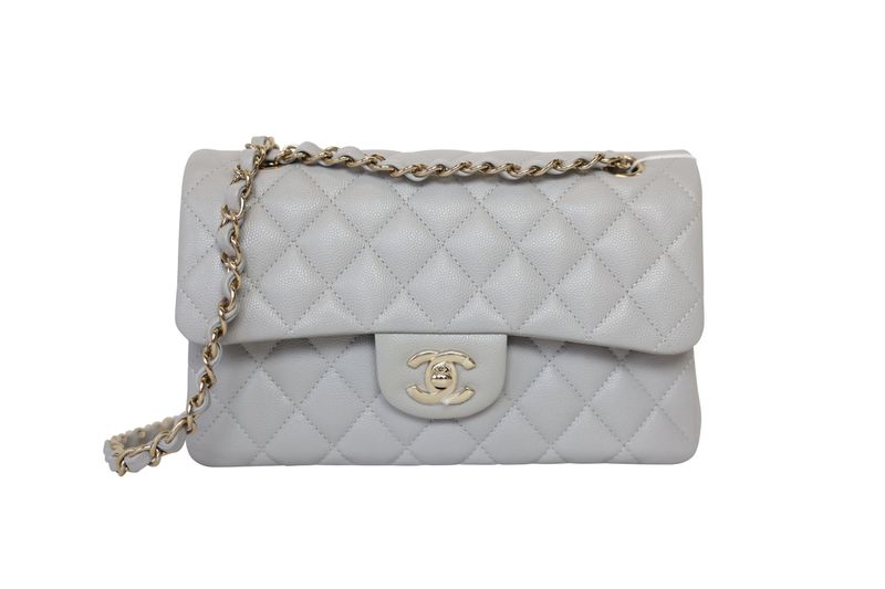 Chanel Classic 21A Small Handbag, Light Gray Quilted Caviar and Gold Hardware, Preowned in Dustbag WA001