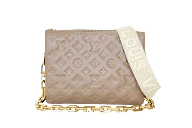 Louis Vuitton Coussin PM Bag, Beige Monogram Embossed Lambskin and Gold Hardware, Preowned in Box WA001