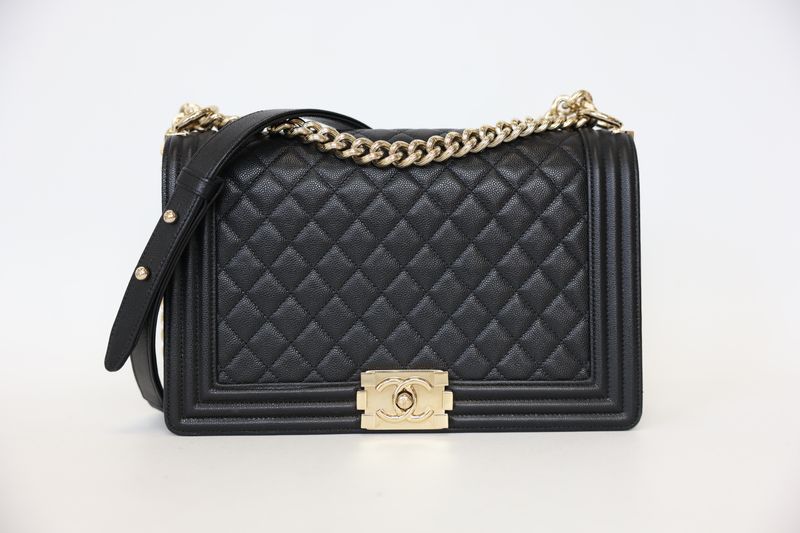 Chanel Boy Large Handbag, Black Caviar Leather and Gold Hardware, Preowned in Box WA001