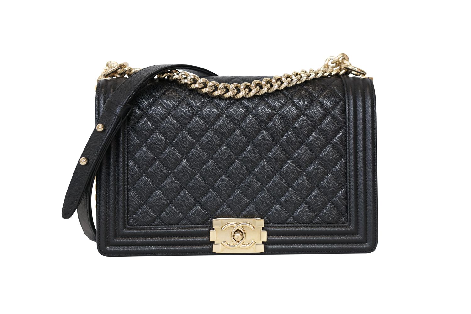 Chanel Boy Large Handbag, Black Caviar Leather and Gold Hardware, Preowned in Box WA001