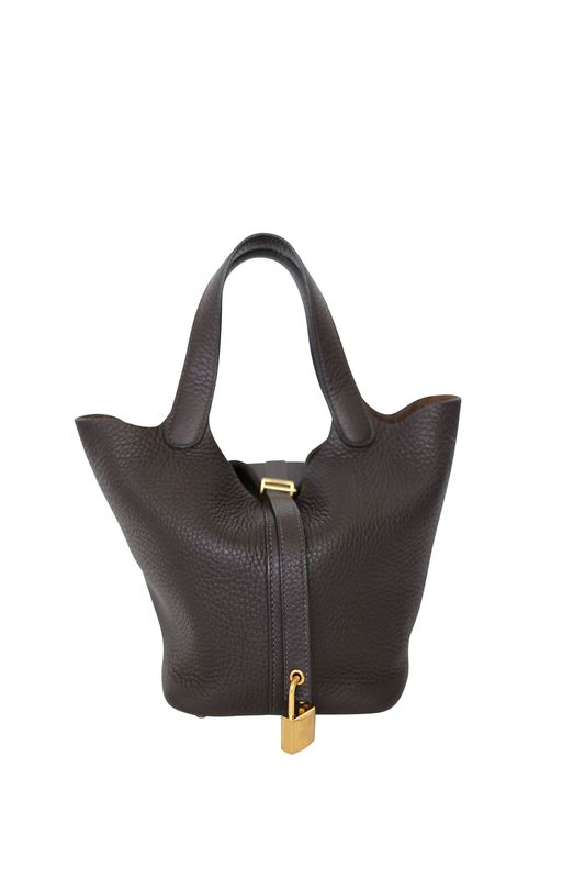 Hermes Picotin Lock 18 PM Bag, Dark Brown Ebene Taurillon Clemence Leather and Gold Hardware, Z 2021 Stamp, Preowned in Dustbag WA001