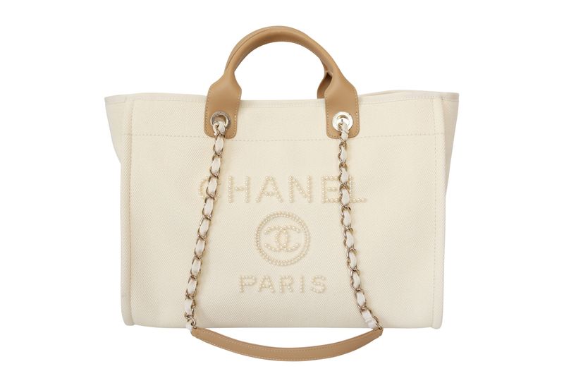 Chanel Deauville  20S Tote Medium Bag, Cream Natural Canvas and Beige Leather with Pearl and Gold Hardware, New in Box WA001