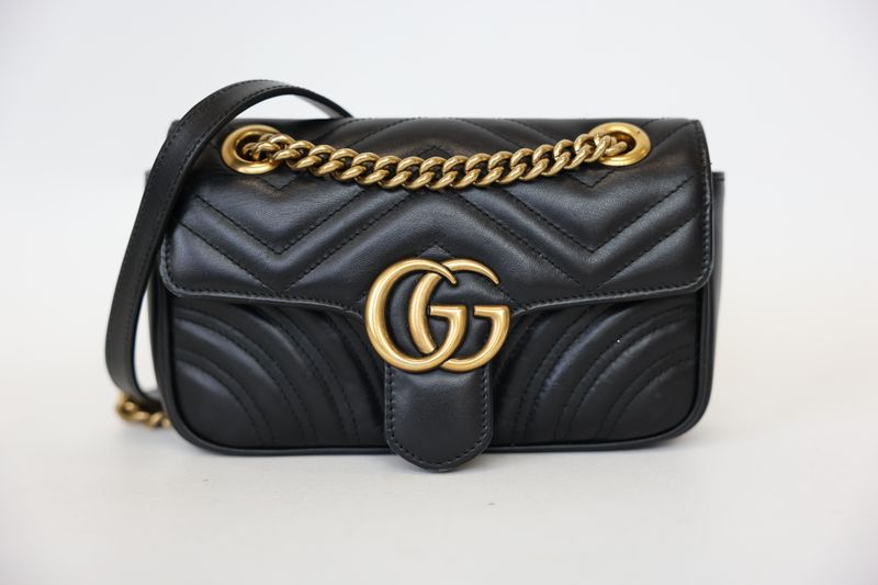 Gucci GG Marmont Mini Shoulder Bag, Black Matelassé Leather  and Gold Hardware, Preowned in Dustbag WA001
