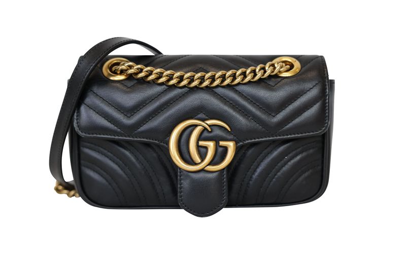 Gucci GG Marmont Mini Shoulder Bag, Black Matelassé Leather  and Gold Hardware, Preowned in Dustbag WA001