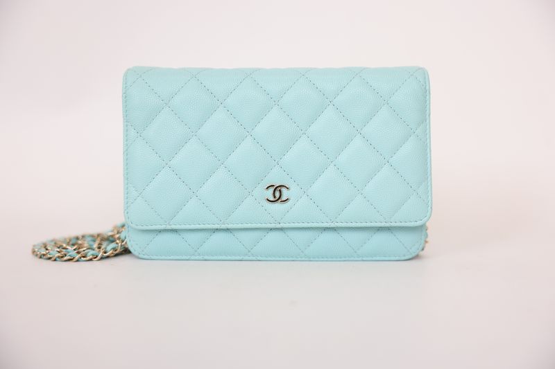 Chanel Wallet on Chain Bag, Light Blue Quilted Caviar Leather and Gold Hardware, Preowned No Dustbag WA001