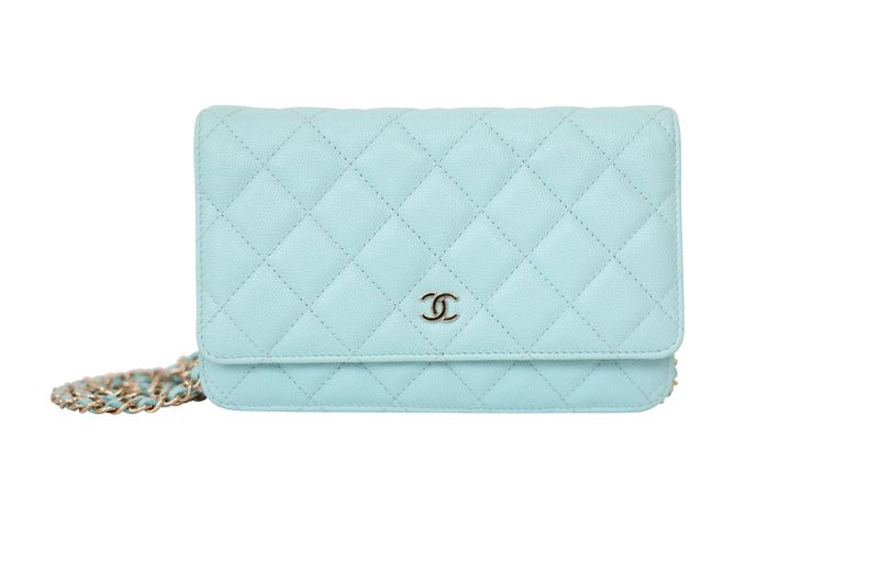 Chanel Wallet on Chain Bag, Light Blue Quilted Caviar Leather and Gold Hardware, Preowned No Dustbag WA001