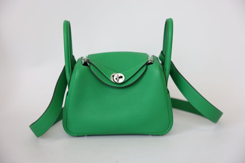 Hermes Lindy Mini 20 Bag, Green Bambou Clemence Leather and Palladium Hardware, W 2024 Stamp, Preowned in Box WA001