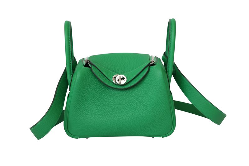 Hermes Lindy Mini 20 Bag, Green Bambou Clemence Leather and Palladium Hardware, W 2024 Stamp, Preowned in Box WA001