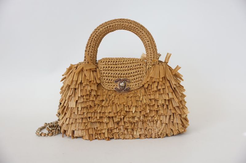 Chanel Fringed Mini Bag, Beige Natural Raffia with Wood and Gold Hardware,  New in Box WA001