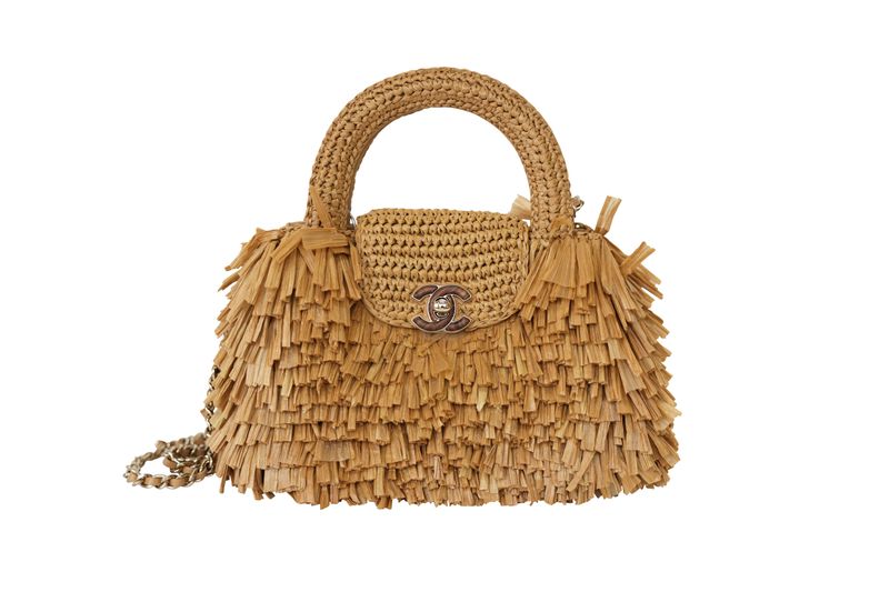Chanel Fringed Mini Bag, Beige Natural Raffia with Wood and Gold Hardware,  New in Box WA001