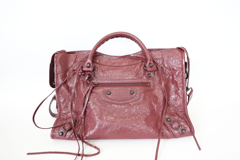 Balenciaga Le City Medium Bag, Dark Burgundy Crinkled Lambskin Leather and Brass Hardware, Preowned in Box WA001