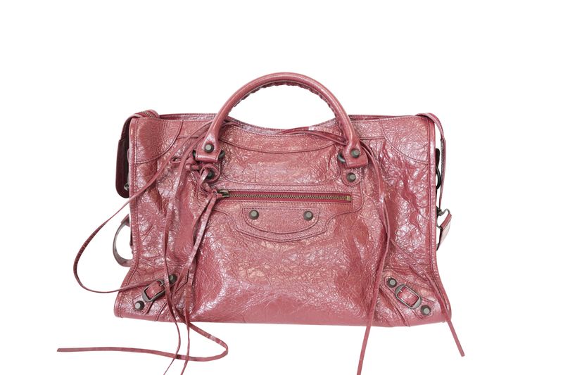 Balenciaga Le City Medium Bag, Dark Burgundy Crinkled Lambskin Leather and Brass Hardware, Preowned in Box WA001