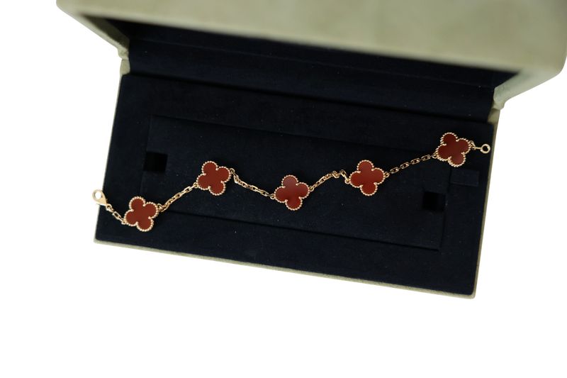 Van Cleef and Arpels Vintage Alhambra 5 Motif Bracelet, 18k Yellow Gold and Red Carnelian, New in Box WA001