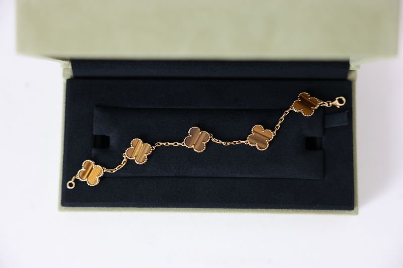 Van Cleef and Arpels Vintage Alhambra 5 Motif Bracelet, 18k Yellow Gold and Tigers Eye, Preowned in Box WA001